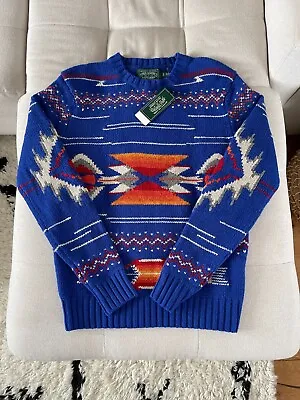 Polo RALPH LAUREN COUNTRY JUMPER Aztec Navajo Knit Wool Sweater Blue M Medium • £149