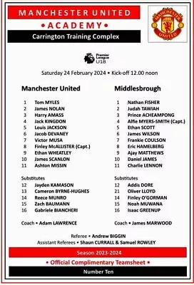 Man Utd U18 V Middlesbrough FC U18 Team Sheet (Season 2023-2024) • £3.99