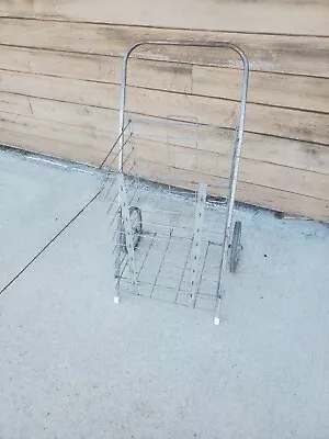 Vintage Folding Galvanized Metal Wire Shopping Cart 2 Wire Spoked Wheels #1 • $34.99