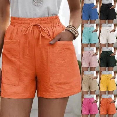 Womens Cotton Linen Elastic Waist Hot Pants Ladies Summer Casual Pockets Shorts • £11.19
