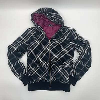 Volcom Hoodie Jacket Women XS Black Plaid Full Zip Pockets Puff Lined Long Sleev • $18.87