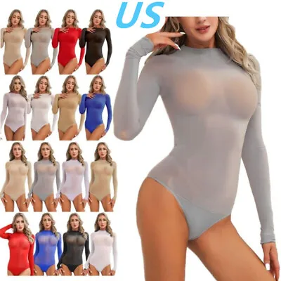 US Women Sheer Long Sleeve Bodysuit Regular/Crotchless Leotard Tights Jumpsuit • $10.89