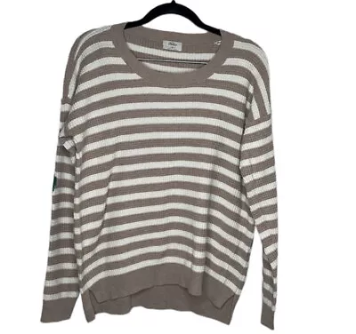 Madewell Wallace Tan White Striped Green Heart Elbow Sweater Sz M HOLE • $19.99