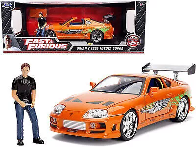 1/18 Jada Fast & Furious 1995 Toyota Supra & Light & Brian Figure Orange 31139 • $50.02