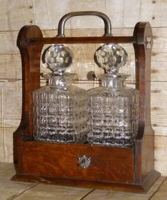 Antique English Pair Of Crystal Cut Glass Decanters Silver Detailed Oak Tantalus • $373.38
