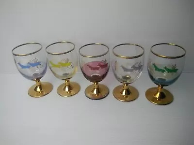 LIQUOR GLASSES 5 Vintage Deer Print Harlequin Gold Trim Drinking Cordial Port  • $24.50