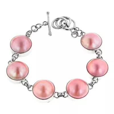 925 Sterling Silver 6 Links Pink Mabe Pearl Sterling Bracelet 6.5-7.5  • $89.95