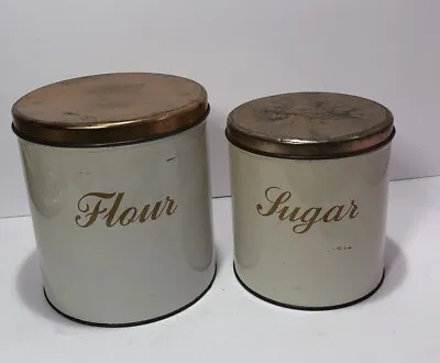 Decoware Flour  And  Sugar Tins. VINTAGE 1950’s Beige And Copper Color. • $14