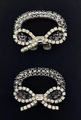 Vintage Pair Musi Bow Black Clear Stones Dress Shoe Clips Jewelry Buckles Bling • $9.99