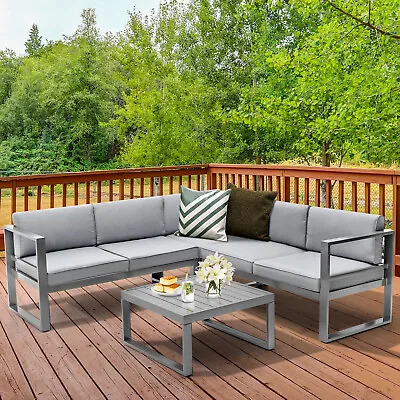 4 PCS Aluminum Patio Sofa Set Outdoor Sectional Furniture Set With Grey Cushions • $629.49