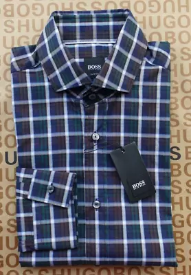 New Hugo BOSS Mens Brown Check Slim Fit Italian Selection Smart Suit Shirt SMALL • £45.95