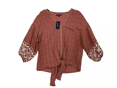 New Max Edition Tie Front Boho Peasant Top Womens Large Embroidered Puff Sleeve • $13.60