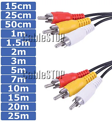 Triple 3 X RCA Phono AV TV Cable 15cm 25cm 0.5m 1m 2m 3m 5m 7m 10m 15m 20m 25m • £2.65