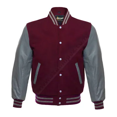 Maroon Wool Varsity Letterman Bomber USA Baseball Jacket Grey Leather Sleeve • $164.99