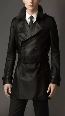 Men's Genuine Lambskin Leather Trench Coat Long Coat Stylish Belted Black Jacket • $159