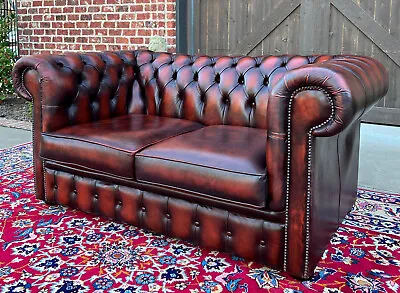 Vintage English Chesterfield Leather Tufted Love Seat Sofa Oxblood Red #2 • $3750