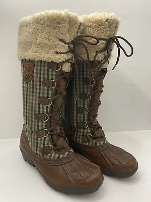 UGG Edmonton Lace Up Brown Leather Tall Boots Waterproof Shearling Womens Sz 10 • $61.79