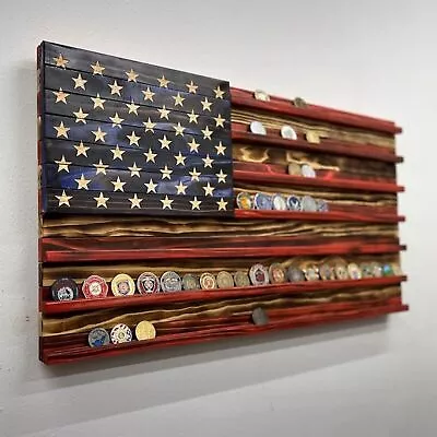 Vintage American Flag Solid Wood Wall Mounted Challenge Coin Display Holder Rack • $23.99