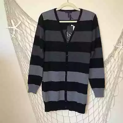 Enzo Mantovani Extra Fine Merino Wool Striped Cardigan Gray & Black XL NWT • $38.40