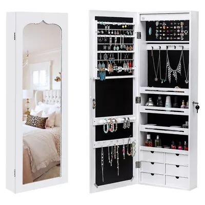 Wall & Door Mounted Mirror Jewelry Cabinet Armoire Organizer LED Light 6 Drawers • $102.89