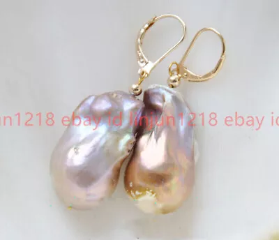 15-25mm Natural Purple Baroque Keshi Reborn Pearl Dangle Gold Leverback Earrings • $12.88