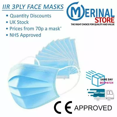 Face Mask IIR 3Ply Cheap Disposable Protective Wear Fluid Repellent Covering • £6.75