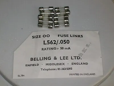 10 X 16mm GLASS 50mA FUSE LINK Size OO BELLING-LEE L562 New Old Stock Vintage • £3.99