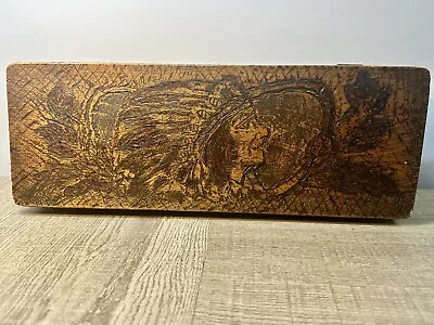 Antique Flemish Art Co  Indian Chief  Pyrography Wood Trinket Box 2.5”H X 11.5 W • $45