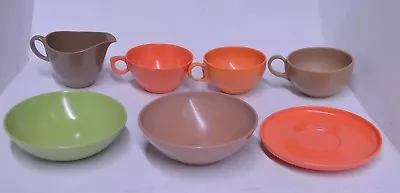 Melmac Dishes Orange Green Brown Cups Bowls Aztec Creamer Mar-Crest Lot Of 7  • $14