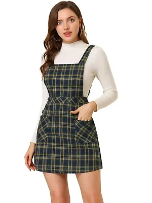 Allegra K Women's Plaid Tartan Button Decor A-Line Pinafore Overall Dress • £12