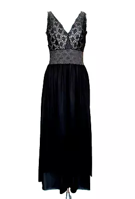 Vtg Vanity Fair Nightgown Small Women Black Nylon Lace Top Full Length Sleeveles • $24.49