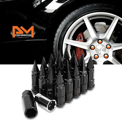 M12X1.5 Black JDM Cone Wheel Lug Nuts+Spline Lock+Spiked Cap+Key 25mmx75mm 20Pc • $31.36