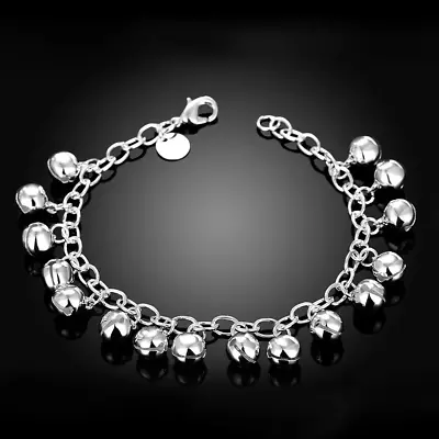 925 Sterling Silver Link Bracelet Jingle Bells Beaded Charm Bracelet Chains- • $10.98