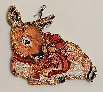 YOUNG DEER W RED RIBBON ACORNS LEAVES *  Glitter CHRISTMAS ORNAMENT *  Vtg Img • $10.50