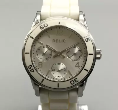 $15.99 • Buy Relic Watch Women Silver Tone White Dial Silicone Band Day Date New Battery