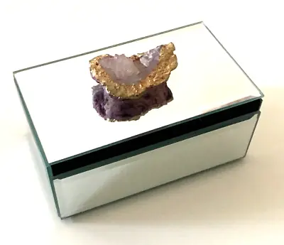 American Atelier GLASS MIRRORED Trinket Box W/Pink Agate Stone 5  Across • $14.99