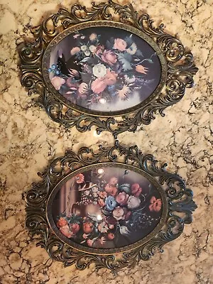 2 Vintage Oval Brass Framed Floral Pictures In Convex Bubble Glass Made In Italy • $72