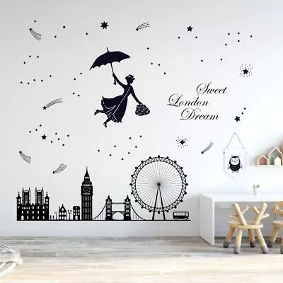 Decalmile London Flying Girl Wall Decals Big Ben City Skyline Stickers Decor • £0.99