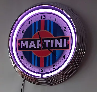 MARTINI RACING SIGN 15  PURPLE Neon Clock Chrome Framed Garage Man Cave Bar • $99.99