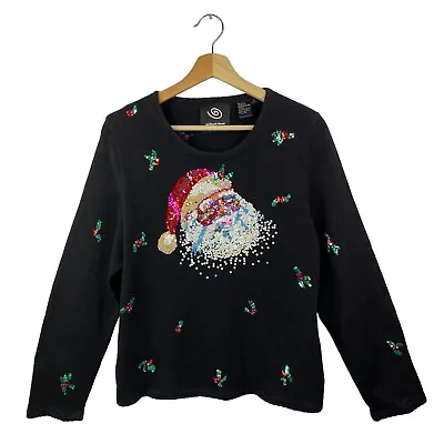 VTG Michael Simon Black Sequin Santa Christmas Sweater Beaded 90s Art Sz Large • $59.99