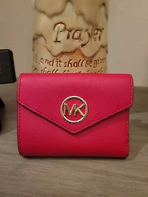 Michael Kors Greenwich Crimson Red Envelope Trifold Saffiano Leather Wallet $128 • $69.95