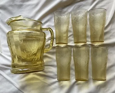 Vintage Federal Glass Madrid Pattern Amber Depression Glass Pitcher Six Glasses • $185