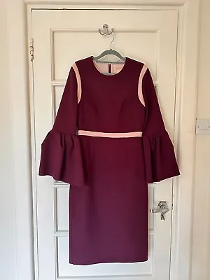 Roksanda Colour Block Bell Sleeve Dress In Burgundy | Size UK 10 / EU 38 / M • £320