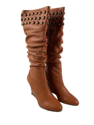 Womens Leather Boots Brown Zip Up Calf Length Stud Size 7 - 7.5 AU • $44.99