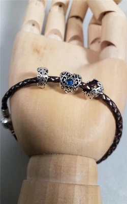 $95 • Buy Authentic PANDORA Charm 3 Beads LEATHER Silver BRACELET