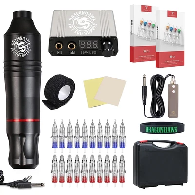 $107.99 • Buy PROFESSIONAL DRAGONHAWK Wireless Tattoo Machine Kit Rotary Needles Pen Cartridge