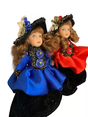 2 Porcelain Girl Doll Les Mini Poupees De Mado 5  LA BELLE EPOQUE Blue Red Dress • $37.11