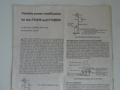 Yaesu Ft-225rd Variable Power Modification Leaflets Only- Radio-spares-ireland • £12.99