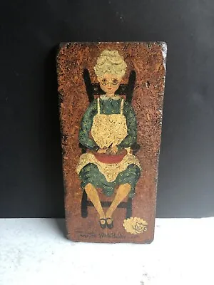 VTG Hand Painted Signed Wood Wall Hanging Old Woman Cat “ The Potato Peeler” • $11.50