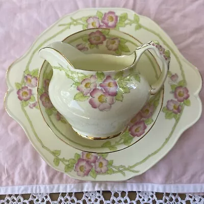 Paragon Flower Handle Pink Alexander Rose Vintage Milk Jug Plate Sugar Bowl Set • $75